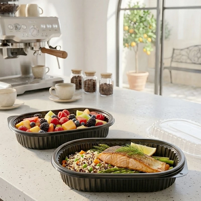 The combination of a black or white PP base and a crystal-clear lid creates a premium retail appearance that helps showcase food quality while protecting freshness during transport. Its deeper structure makes it particularly suitable for prepared foods with larger portions, helping food operators deliver attractive meals that arrive looking as good as they did when packed.
